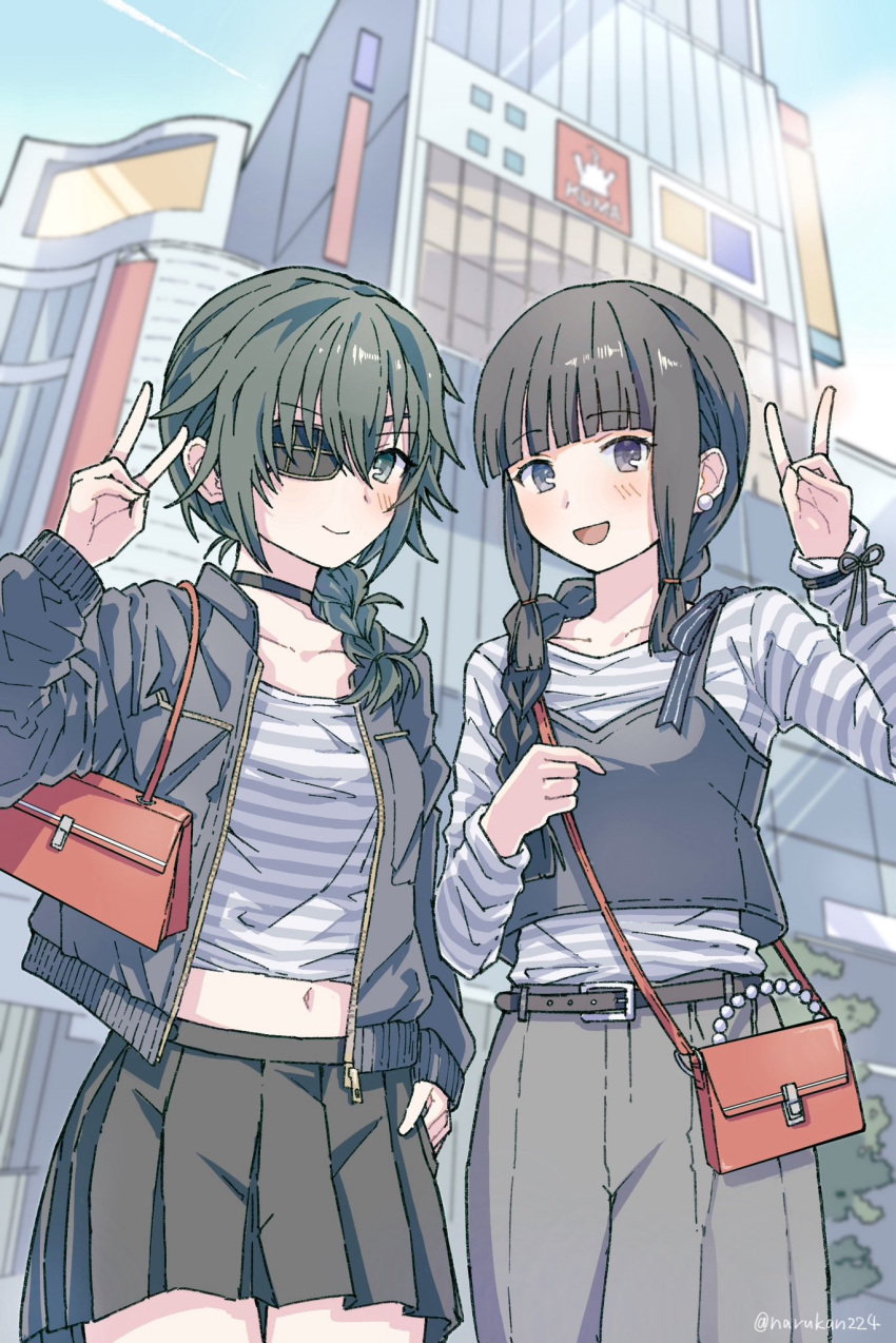 2girls, alternate_costume, alternate_hairstyle, bag, black_choker, black_hair, black_jacket, black_skirt