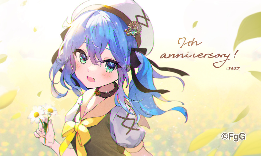 1girl, :d, animal_collar, artist_name, black_ribbon, blue_hair, blush, brown_collar, brown_sailor_collar, collar, dare_ga_tame_no_alchemist, flower, green_eyes, hair_between_eyes, hair_ribbon, harumaki_(gumi), hat, highres, holding, holding_flower, looking_at_viewer, mabel_(dare_ga_tame_no_alchemist), medium_hair, neckerchief, official_art, outdoors, puffy_short_sleeves, puffy_sleeves, ribbon, sailor_collar, second-party_source, short_sleeves, smile, solo, standing, twintails, white_flower, white_hat, yellow_neckerchief