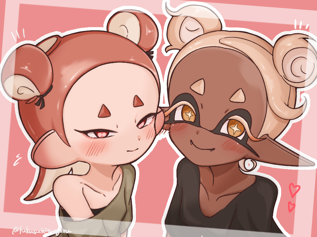 2girls, blush, cephalopod_eyes, closed_mouth, collarbone, colored_eyelashes, commentary_request, dark-skinned_female