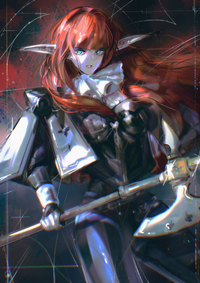 1girl, ascot, axe, blue_eyes, blunt_bangs, breasts, heehoouttau, high-waist_pants, highres, holding, holding_axe, hulkenberg_(metaphor:_refantazio), large_breasts, long_hair, looking_at_viewer, metaphor:_refantazio, pants, pointy_ears, red_background, redhead, solo, white_ascot