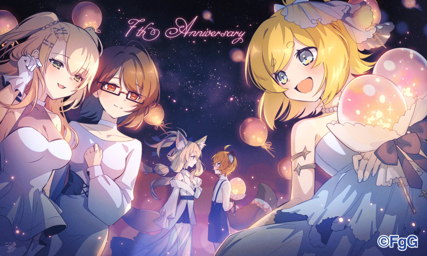 1boy, 4girls, :d, ahoge, animal_ears, bare_shoulders, blonde_hair, blue_shorts, bow, brown_bow, brown_hair, closed_mouth, dare_ga_tame_no_alchemist, dress, emma_(dare_ga_tame_no_alchemist), eye_contact, floating_hair, fox_ears, fox_girl, fox_tail, gloves, hair_ornament, hairpin, hayate_(dare_ga_tame_no_alchemist), highres, kokoa_(gumi), looking_at_another, multiple_girls, night, night_sky, noah_(dare_ga_tame_no_alchemist), official_art, orange_hair, outdoors, pamela_(dare_ga_tame_no_alchemist), raccoon_boy, raccoon_ears, raccoon_tail, rin_(dare_ga_tame_no_alchemist), shorts, signature, sky, smile, standing, star_(sky), starry_sky, tail, tanuki, third-party_source, two_side_up, white_dress, white_gloves