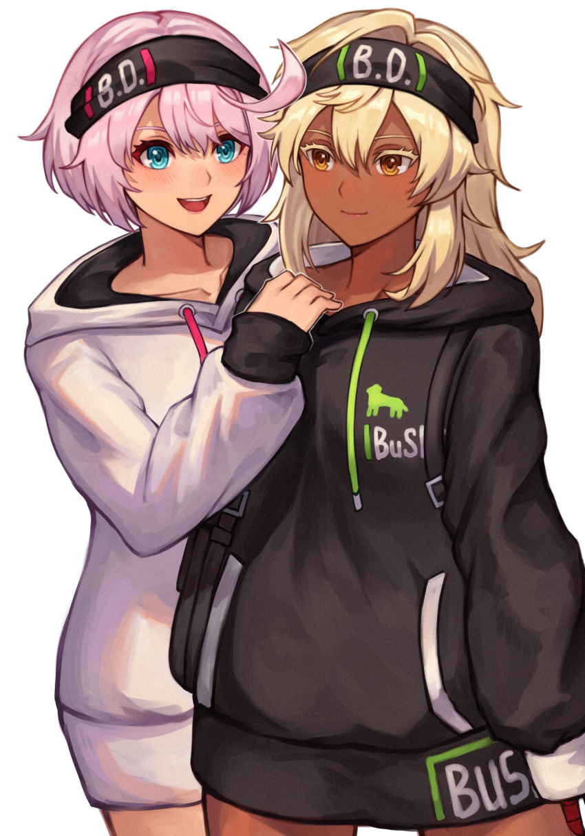 20060715, 2girls, :d, absurdres, black_headband, black_hoodie, blonde_hair, blue_eyes