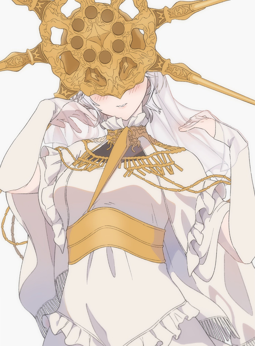 1boy, blush, commentary, covered_eyes, dark_souls_(series), dark_souls_i, dark_sun_gwyndolin, dress