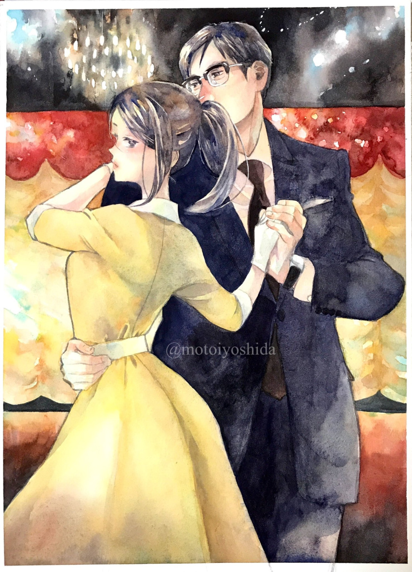 1boy, 1girl, black_hair, black_suit, dancing, dress, fireworks, gloves