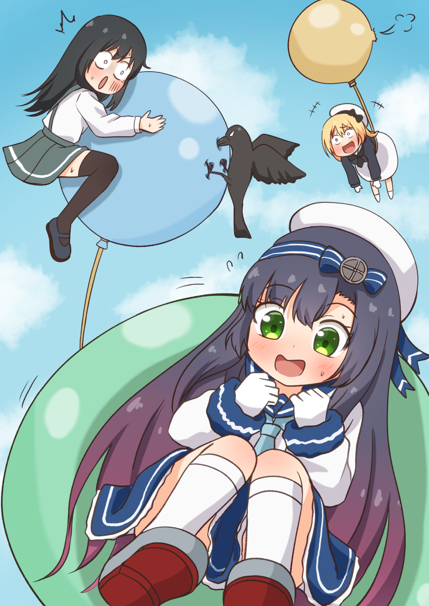 3girls, :o, asashio_(kancolle), balloon, bird, black_hair, blonde_hair, blue_sky
