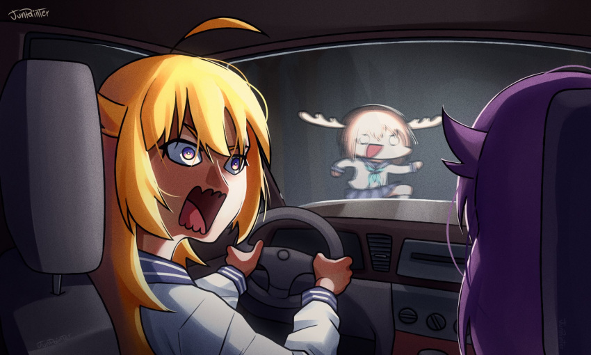 3girls, ahoge, artist_name, black_hair, blonde_hair, blue_serafuku, blue_skirt, brown_hair