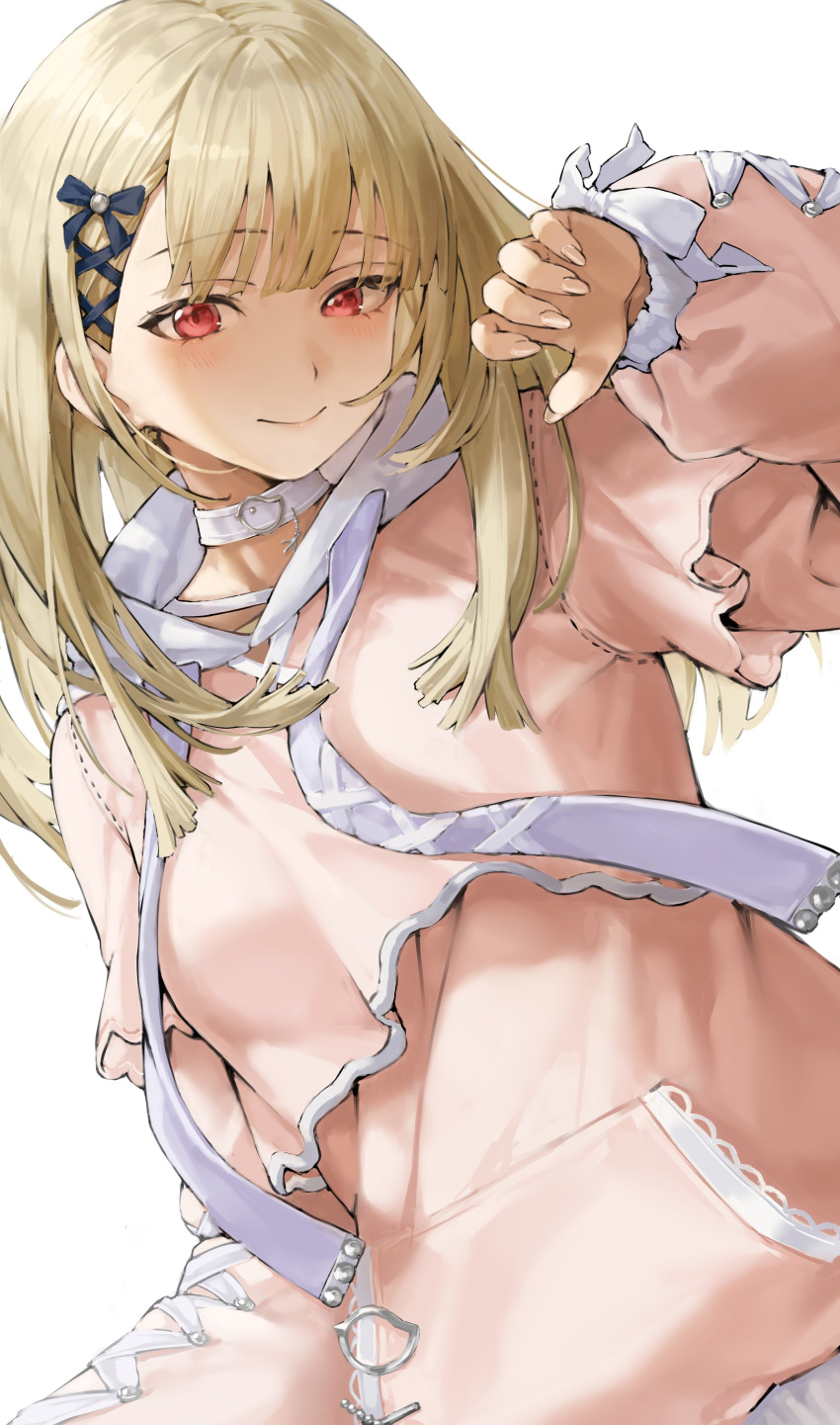 1girl, absurdres, blonde_hair, blunt_bangs, choker, criss-cross_ribbon, drawstring, fairxw, hair_ornament, hair_ribbon, highres, hood, hood_down, hoodie, kogara_toto, layered_clothes, light_smile, long_hair, long_sleeves, looking_at_viewer, lupinus_virtual_games, pink_hoodie, puffy_long_sleeves, puffy_sleeves, red_eyes, ribbon, solo, swept_bangs, upper_body, virtual_youtuber, vspo!, white_background, white_choker