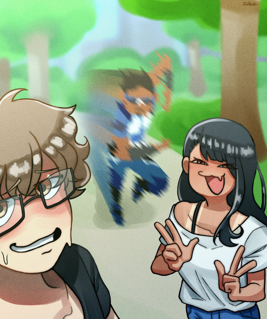 1girl, 2boys, :3, a-train_(the_boys), artist_name, asymmetrical_bangs, black_hair, blue-framed_eyewear