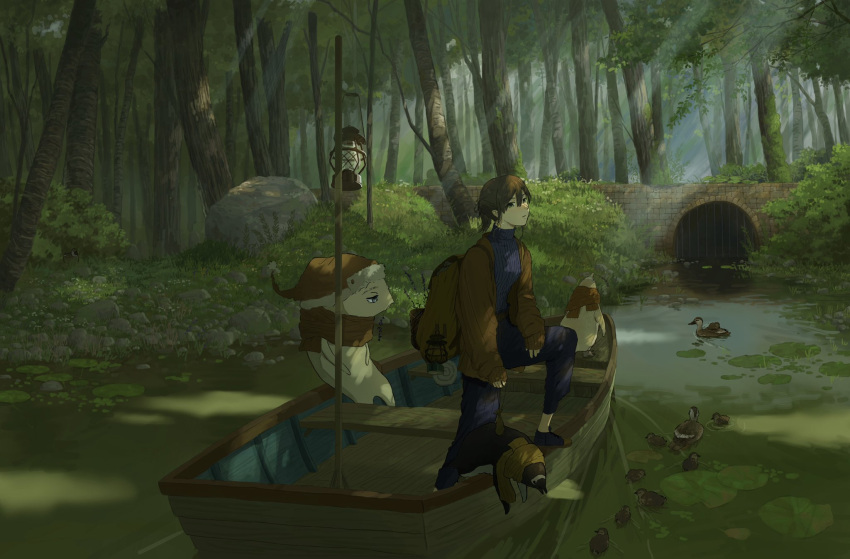 1girl, animal, backpack, bag, bird, blue_eyes, blue_pants, blue_shirt