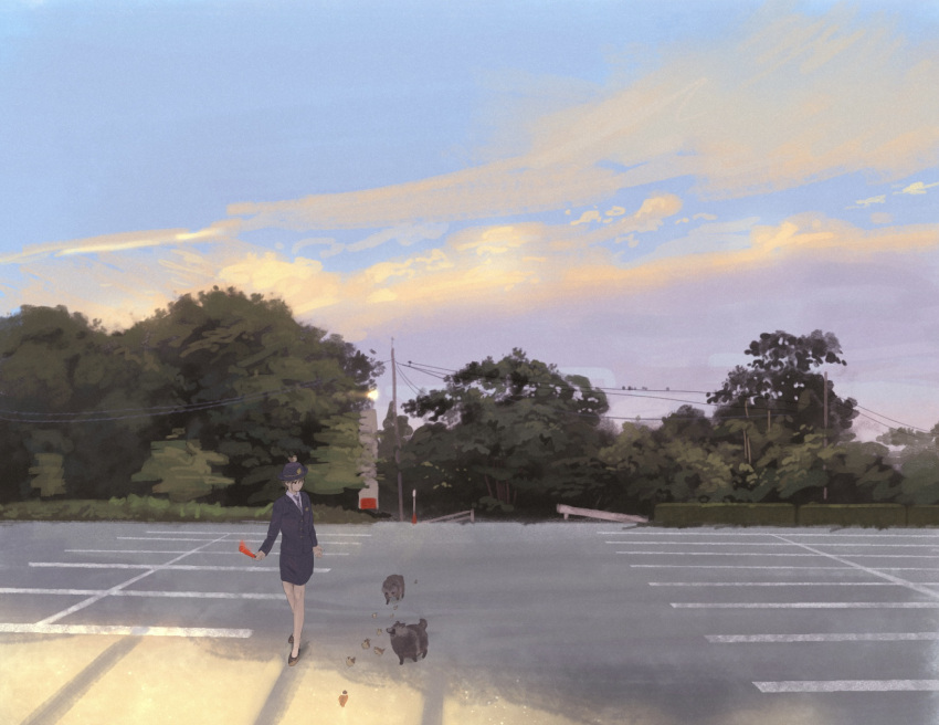 1girl, animal, blue_sky, brown_hair, clouds, hat, highres, kusamie, looking_at_animal, original, outdoors, shirt, skirt, sky, sunlight, tanuki, tree, walking