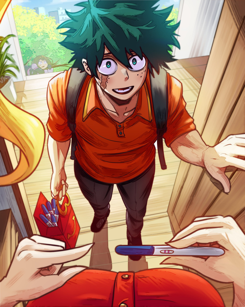 1boy, 2girls, absurdres, bag, blonde_hair, boku_no_hero_academia, breasts, commentary_request