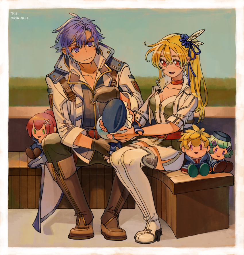 1boy, 1girl, alisa_reinford, altina_orion, artist_name, ash_carbide, bench, black_gloves, blonde_hair, blue_hair, boots, breasts, choker, coat, cropped_jacket, dated, earrings, eiyuu_densetsu, english_commentary, feather_hair_ornament, feathers, front_zipper, gloves, green_hair, hair_ornament, high_collar, high_heel_boots, high_heels, highres, jewelry, juna_crawford, kurt_vander, medium_breasts, musse_egret, on_bench, pink_hair, ptt788, purple_hair, rean_schwarzer, red_eyes, sen_no_kiseki_(series), sen_no_kiseki_iii, sitting, thors_military_academy_branch_campus_uniform, violet_eyes, white_hair