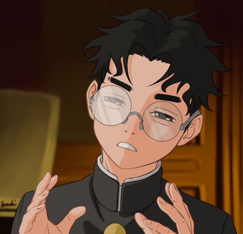 1boy, absurdres, black_eyes, black_hair, curtained_hair, dandadan, gakuran, glasses, highres, ibouki, indoors, male_focus, meme, meme_request, photo-referenced, round_eyewear, school_uniform, short_hair, solo, takakura_ken_(dandadan)