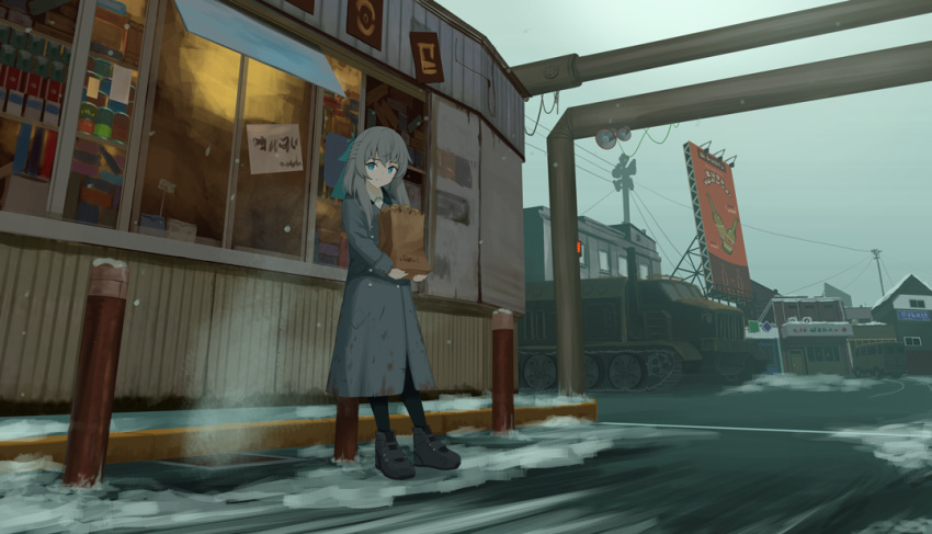 1girl, blue_eyes, bow, full_body, grey_hair, hair_bow, hin'yari_(kakukuru), long_hair