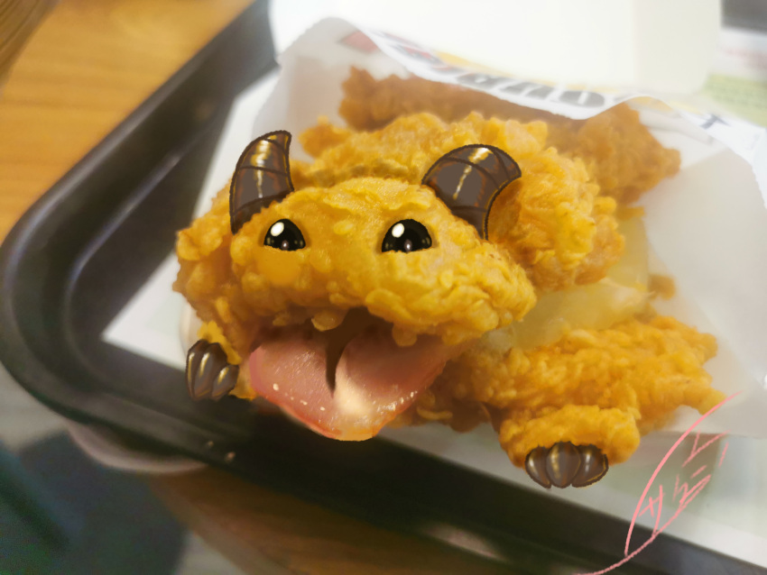 animal_focus, artist_name, bag, black_eyes, blurry, blurry_background, chicken_(food), commentary_request, food, food-themed_creature, food_focus, fried_chicken, highres, league_of_legends, looking_at_viewer, no_humans, open_mouth, paper_bag, photo_background, poro_(league_of_legends), sakura_arashi, signature, solo, tongue, tongue_out, tray