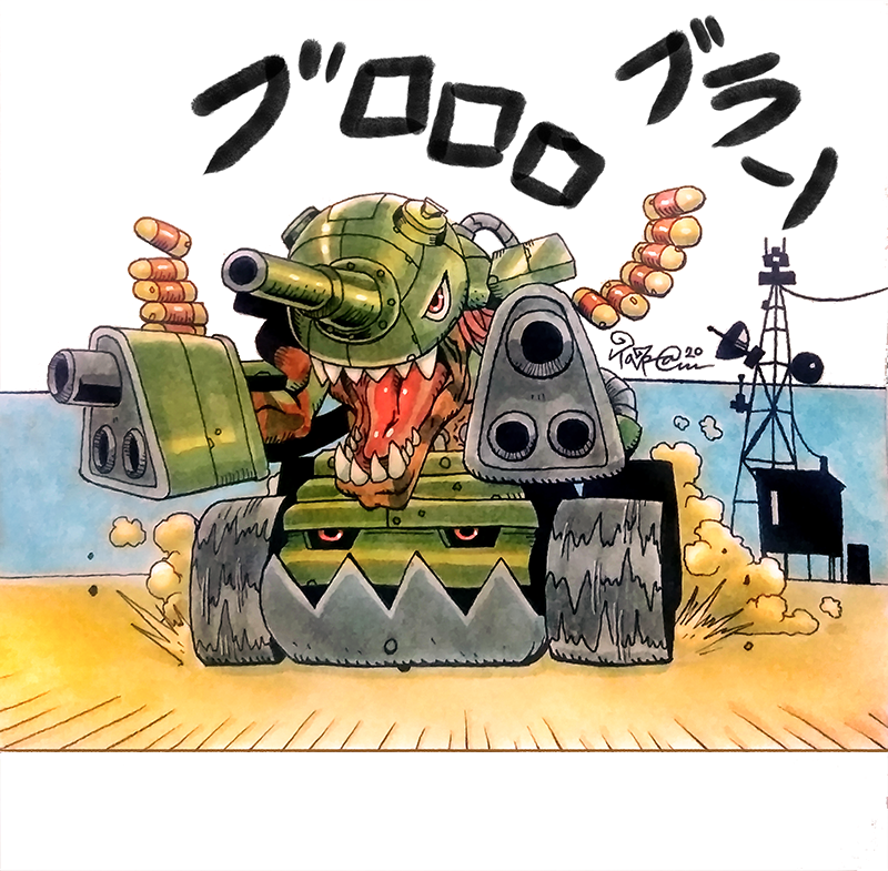 2020, ammunition_belt, arm_cannon, black_sclera, colored_sclera, cyborg, dark_skin, desert, digimon, digimon_(creature), driving, dust_cloud, extra_eyes, inktober, looking_at_viewer, military_vehicle, motor_vehicle, open_mouth, orange_hair, outpost, painting_(medium), red_eyes, sand, sharp_teeth, short_hair, solo, tank, tank_turret, tankmon, taragraphika, teeth, traditional_media, transmission_tower, v-shaped_eyes, watercolor_(medium), weapon