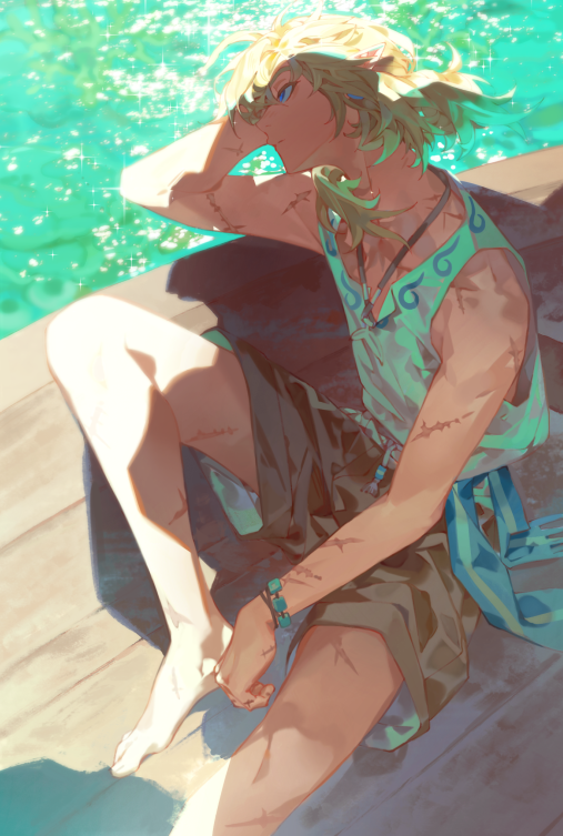 1boy, arm_rest, barefoot, black_shorts, blonde_hair, blue_eyes, bracelet, closed_mouth