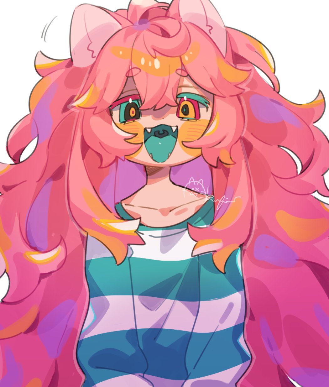 1girl, :3, akubimtcat, animal_ears, aqua_eyes, aqua_pupils, aqua_shirt, aqua_tongue