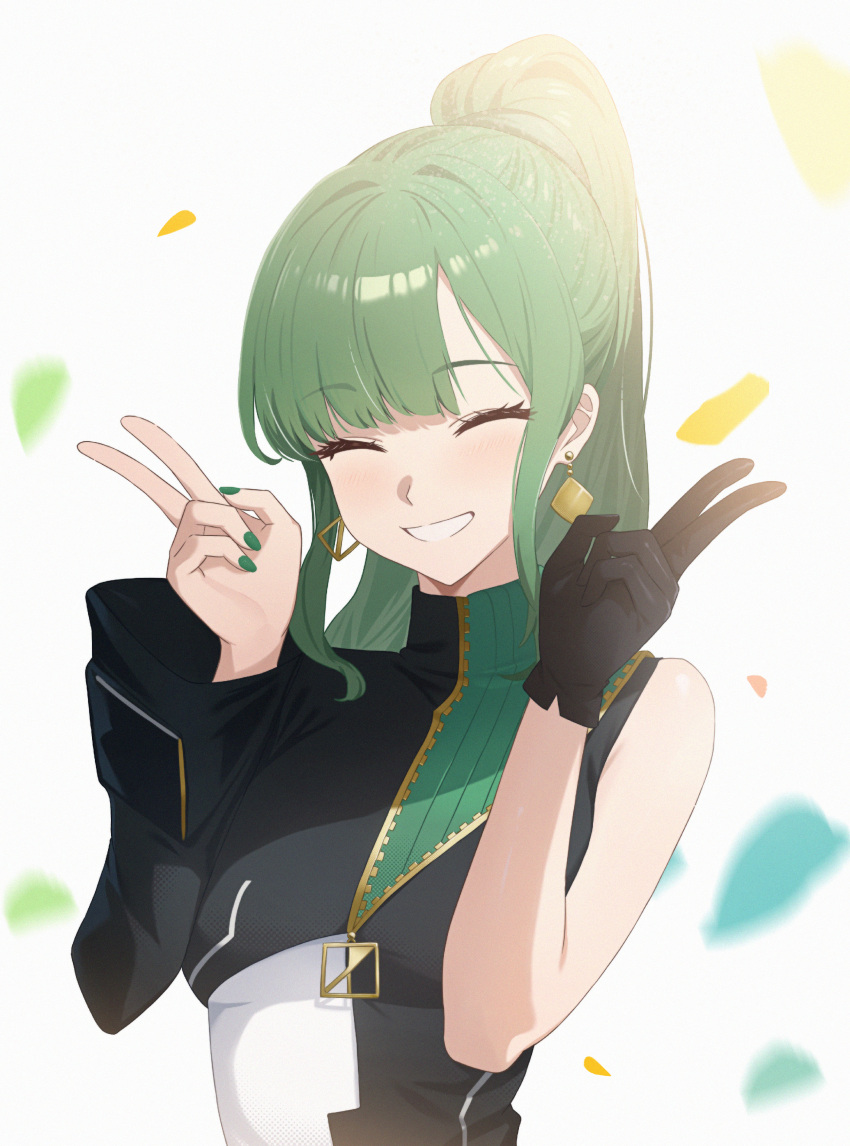 1girl, ^_^, absurdres, blurry, closed_eyes, commentary_request, confetti, depth_of_field