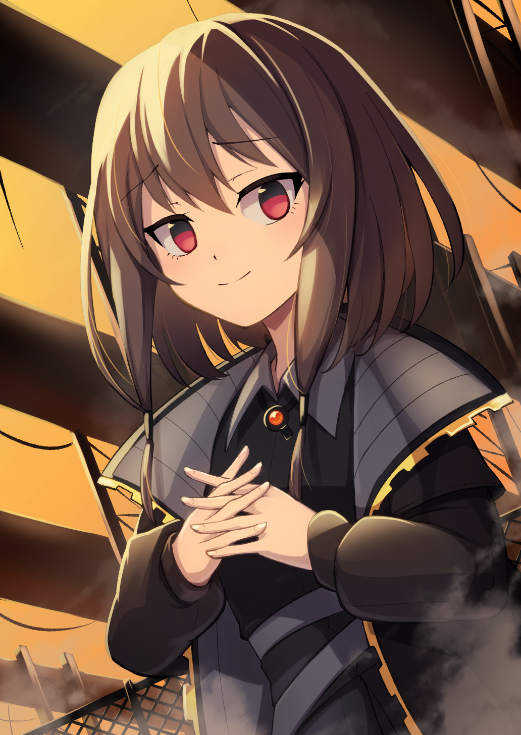 1girl, ashiroku_(miracle_hinacle), brown_hair, closed_mouth, fence, hair_between_eyes, hair_ornament, highres