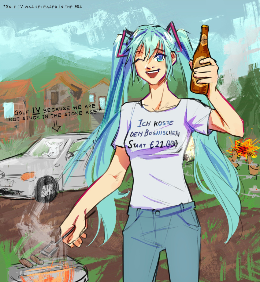 1girl, :d, absurdres, alcohol, arm_up, beer, bird, blue_eyes, blue_hair, blue_pants, bosnia_and_herzegovina, bottle, chicken, clothes_writing, collarbone, commentary, cowboy_shot, day, denim, drink, english_commentary, english_text, euro_sign, fighting, fire, food, footnote, german_text, goat, grass, grill, hair_ornament, hatsune_miku, highres, holding, holding_bottle, holding_drink, holding_tongs, jeans, long_hair, looking_at_viewer, meowkberry, mixed-language_text, mountainous_horizon, one_eye_closed, open_mouth, outdoors, pants, sausage, shirt, sketch, smile, smoke, solo, t-shirt, teeth, tongs, translated, upper_teeth_only, village, vocaloid, volkswagen, volkswagen_golf, white_shirt, worldwide_miku