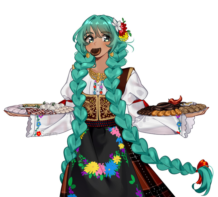 1girl, apron, aqua_eyes, aqua_hair, artist_name, bacon, black_apron, black_vest