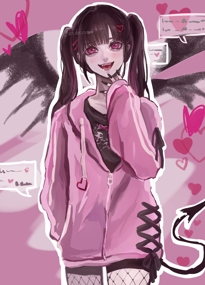 1girl, absurdres, artist_name, black_hair, black_nails, black_shirt, demon, demon_tail, dot_dot_cotaro, fishnets, hair_ornament, hairclip, hand_up, heart, heart_hair_ornament, highres, jacket, jirai_kei, long_hair, looking_at_viewer, original, pink_eyes, pink_jacket, print_shirt, sharp_teeth, shirt, solo, standing, tail, teeth, twintails, zipper