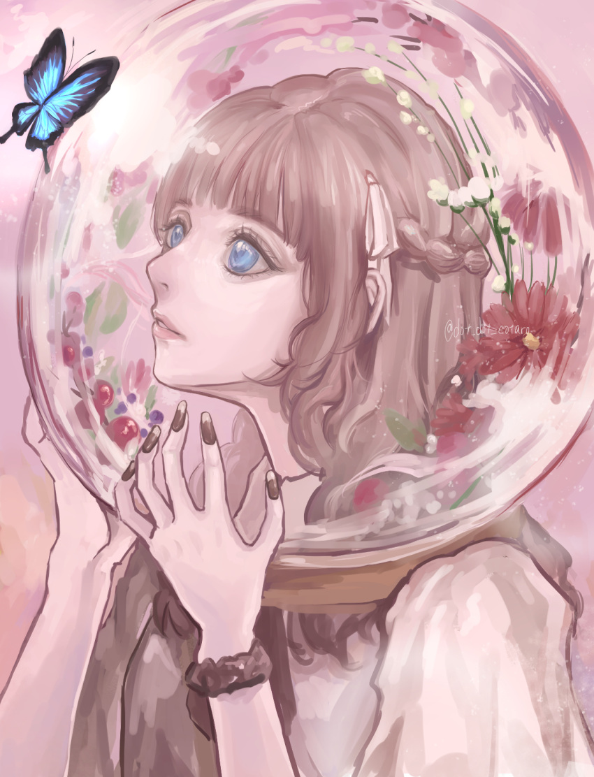 1girl, black_nails, blue_butterfly, blue_eyes, braid, brown_hair, bug, butterfly, dot_dot_cotaro, flower, hair_ribbon, herbarium, highres, original, pink_background, red_flower, ribbon, wristband