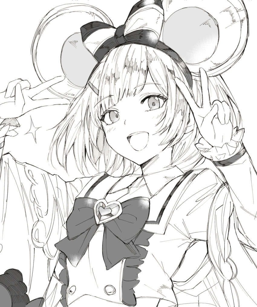 1girl, animal_ears, brooch, double_v, fake_animal_ears, granblue_fantasy, greyscale, hair_ornament