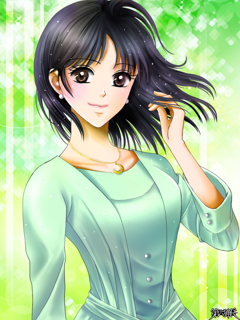 1girl, black_hair, brown_eyes, copyright_name, dairoku_ryouhei, dress, earrings, green_background