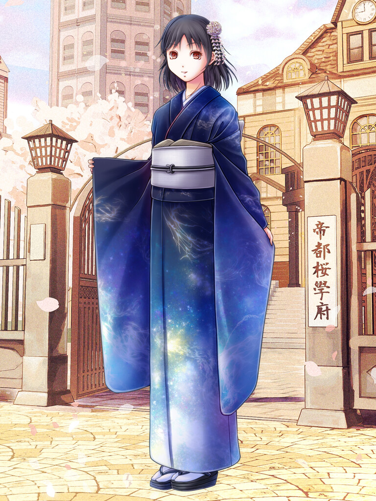 1girl, black_hair, blue_kimono, brown_eyes, dairoku_ryouhei, day, flower, full_body