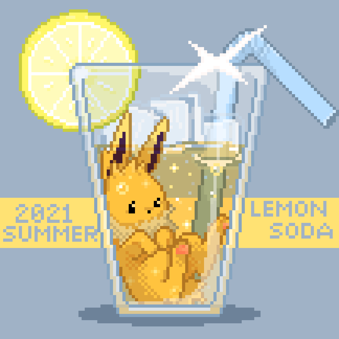 2021, animal_focus, black_eyes, commentary, cup, drink, drinking_glass, drinking_straw, english_text, food, food_focus, food_name, fruit, glint, grey_background, ice, ice_cube, in_food, jolteon, lemon, lemon_slice, neck_fur, no_humans, pawpads, pixel_art, pokemon, pokemon_(creature), sakura_arashi, soda, solo