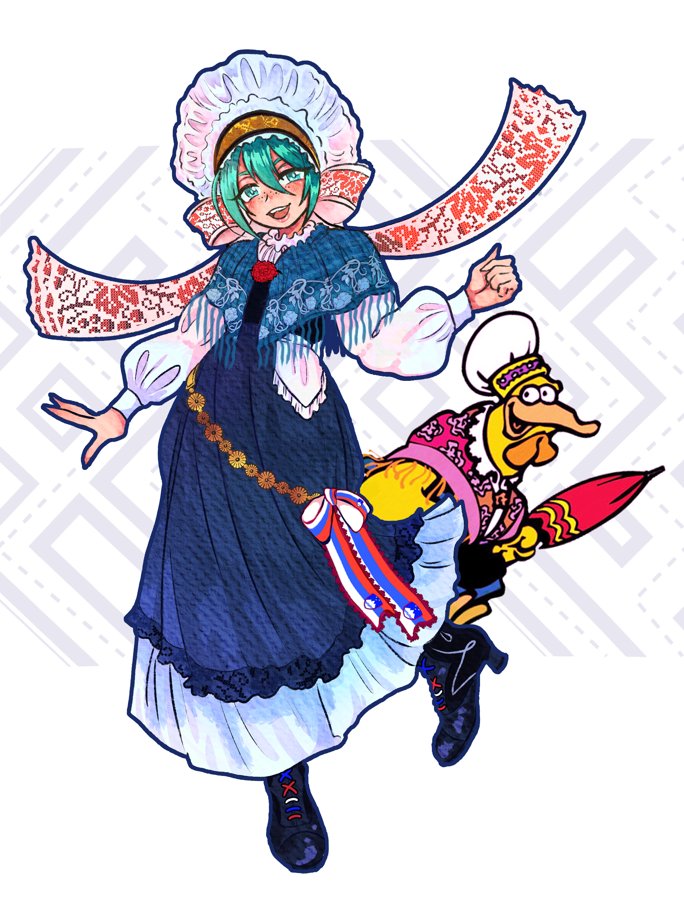 1girl, aqua_eyes, aqua_hair, bird, black_footwear, blue_dress, blue_shrug, boots