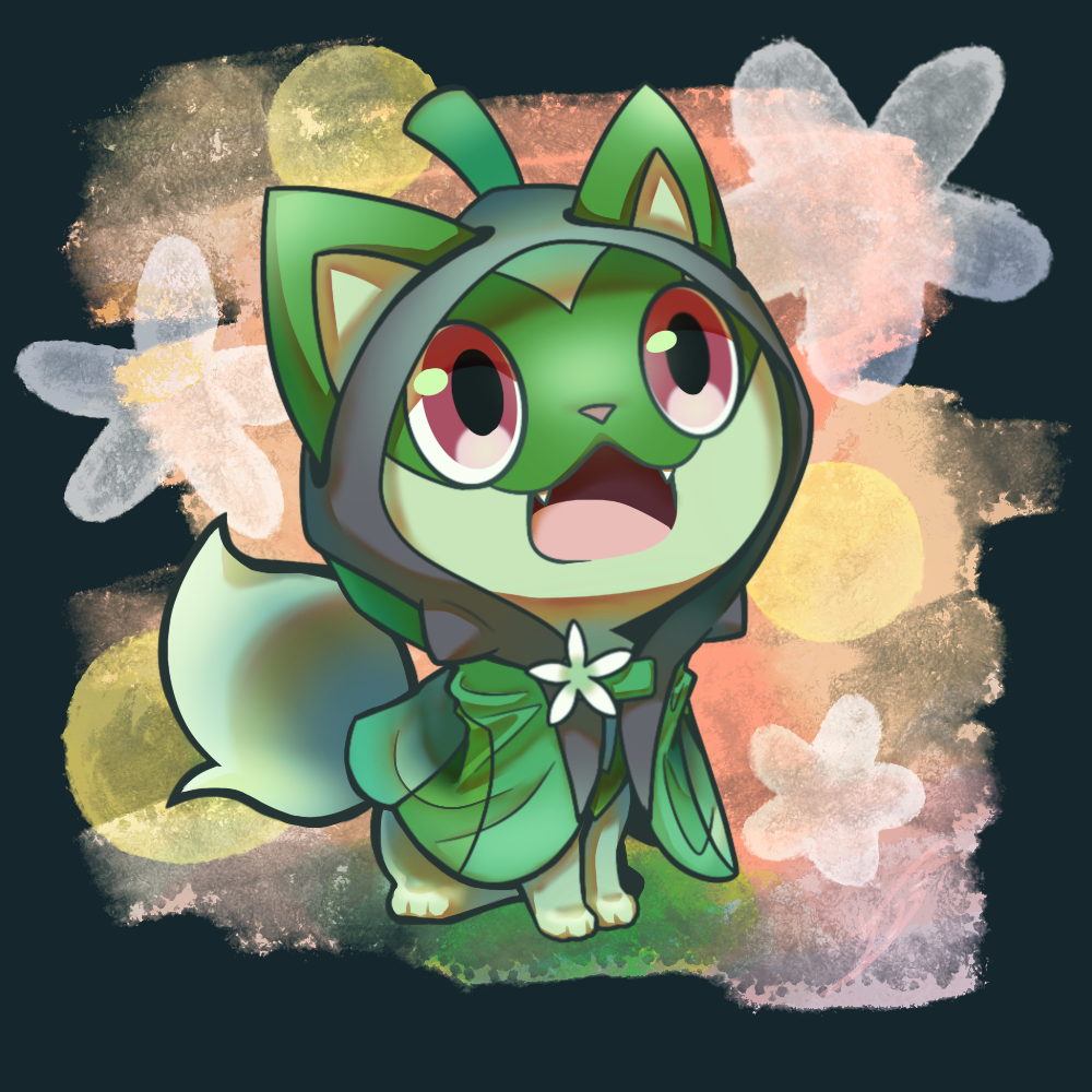 :3, animal_focus, blue_border, border, cat, cloak, clothed_pokemon, commentary_request