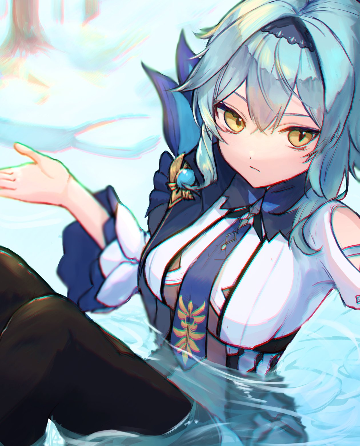 1girl, blue_cape, blue_hair, blue_hairband, blue_necktie, boots, breasts, cape