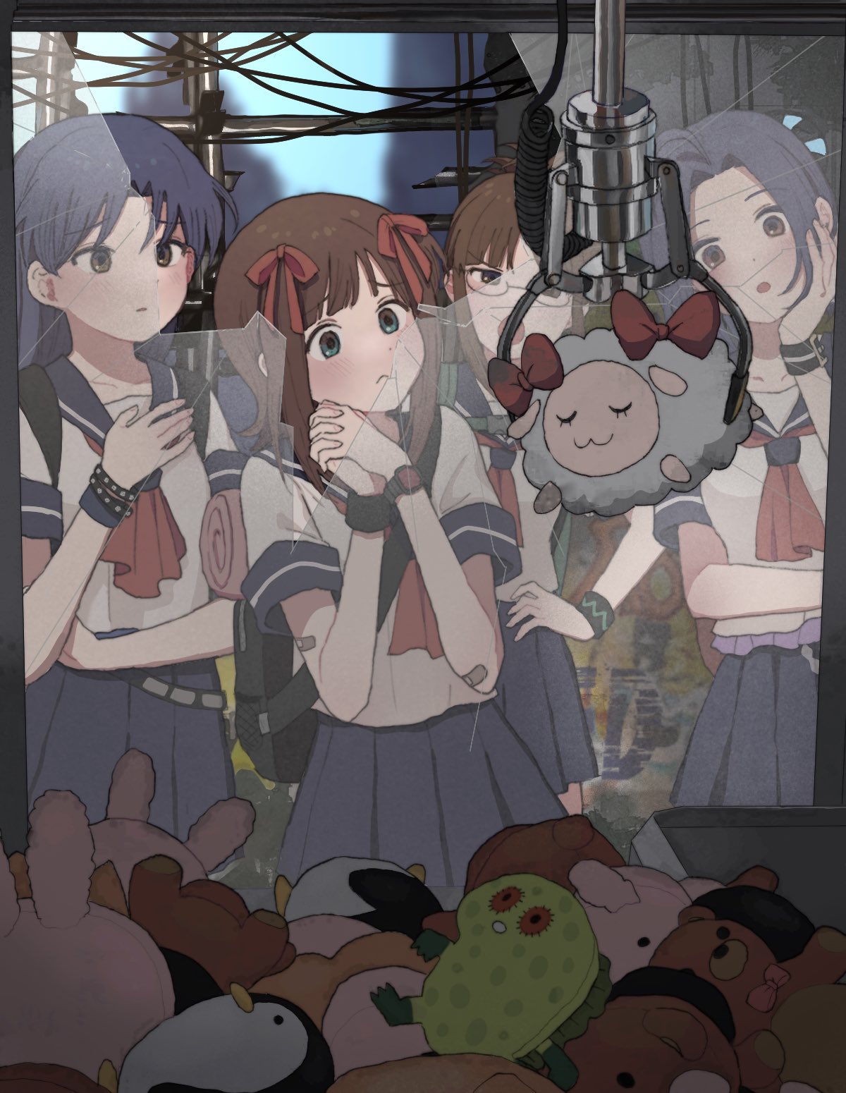 4girls, 8_8ghost, ahoge, akizuki_ritsuko, amami_haruka, aqua_eyes, ascot, backpack, bag, bandages, blue_hair, blue_sailor_collar, blue_skirt, blunt_bangs, blush, bob_cut, broken_glass, brown_eyes, brown_hair, chupacabra_(idolmaster), closed_mouth, collarbone, crane_game, dot_nose, flipped_hair, frown, glass, glasses, graffiti, hair_intakes, hair_ribbon, hand_on_own_cheek, hand_on_own_chest, hand_on_own_face, hands_on_own_hips, head_tilt, highres, idolmaster, idolmaster_(classic), idolmaster_million_live!, idolmaster_million_live!_theater_days, interlocked_fingers, kisaragi_chihaya, long_hair, medium_hair, miura_azusa, multiple_girls, open_mouth, parted_bangs, pleated_skirt, red_ascot, red_ribbon, ribbon, ruins, sad, sailor_collar, school_uniform, serafuku, short_hair, short_sleeves, skirt, steel_beam, stuffed_animal, stuffed_penguin, stuffed_rabbit, stuffed_sheep, stuffed_toy, teddy_bear, updo, watch, watch, wristband