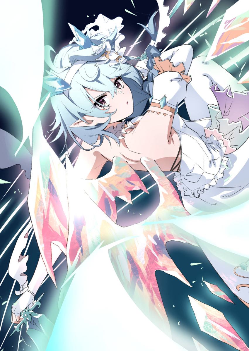 1girl, blue_hair, blue_horns, braid, cross-laced_clothes, cross-laced_dress, crystal_horns, crystal_tail