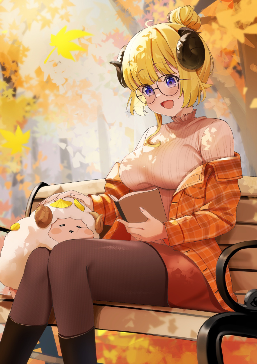 1girl, ahoge, alternate_costume, animal_ears, autumn_leaves, bench, black-framed_eyewear, black_pants