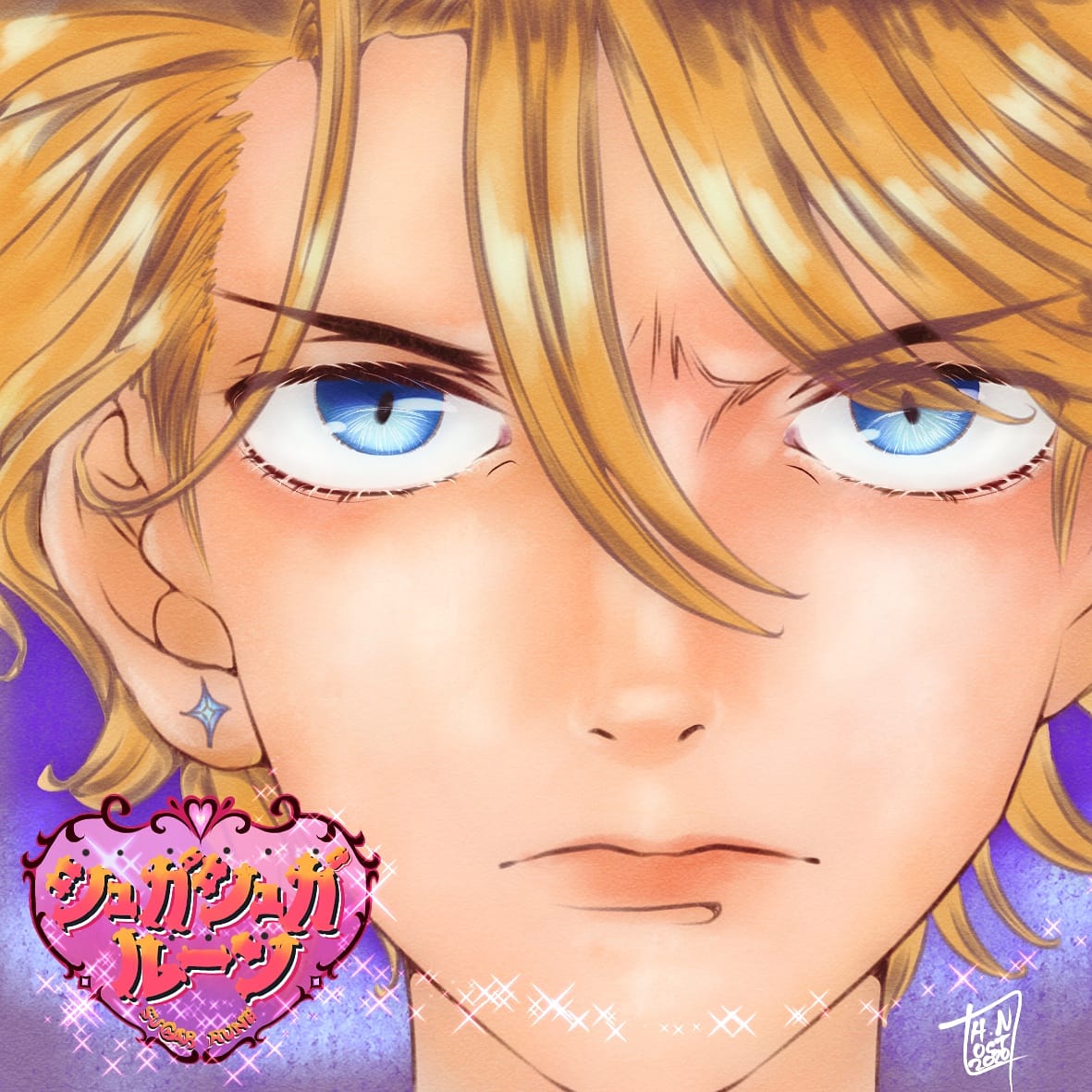 1boy, blonde_hair, blue_eyes, close-up, closed_mouth, commentary, copyright_name, earrings, english_commentary, hair_between_eyes, hn_starseed, jewelry, looking_ahead, male_focus, pierre_tempete_de_neige, purple_background, short_hair, signature, solo, sparkle, sugar_sugar_rune