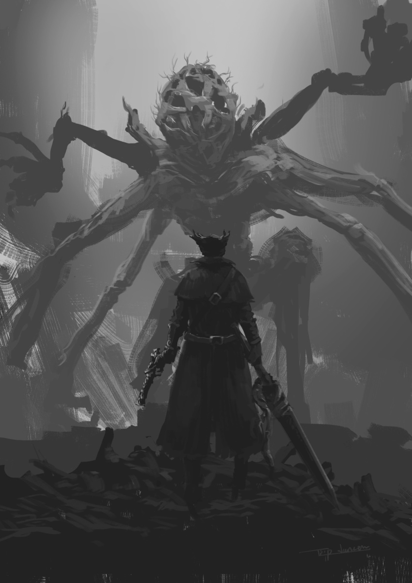 1other, ambiguous_gender, amygdala_(bloodborne), bloodborne, boots, coat, from_behind, greyscale