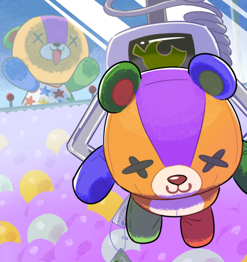 1boy, :3, against_glass, animal_crossing, animal_ears, animal_nose, bear_boy, bear_ears, character_doll, commentary_request, crane_game, furry, furry_male, happy, highres, kopa_nishikida, male_focus, open_mouth, sentient_stuffed_toy, smile, solo, stitches_(animal_crossing), stuffed_animal, stuffed_toy, teddy_bear, tush_tag