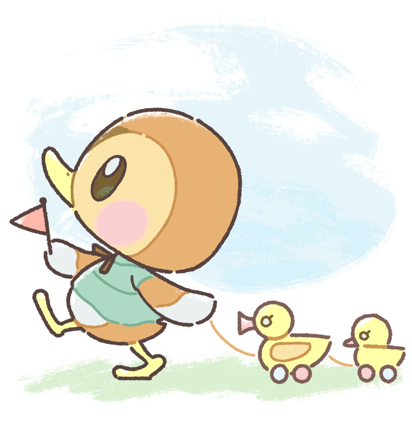 1girl, animal_crossing, beak, bird, bird_girl, blush_stickers, chibi, chibi_only, clouds, commentary_request, duck, duck_girl, flag, full_body, furry, furry_female, green_shirt, highres, holding, holding_flag, kopa_nishikida, molly_(animal_crossing), shirt, sky, solo, standing, toy, walking