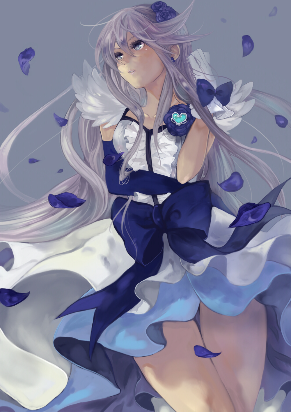 bow, cure_moonlight, dress, earrings, flower, grey_background, hair_ornament, heartcatch_precure!