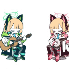 animated_gif, banjo, blue_archive, guitar, halo, midori_(blue_archive), momoi_(blue_archive), multiple_girls