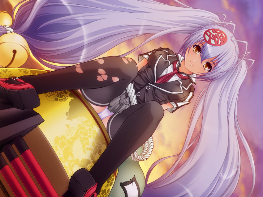 bad_id, bell, black_legwear, black_thighhighs, dutch_angle, gourd, hair_bell, hair_ornament, hammer, highres, hyakka_ryouran_samurai_girls, kanetsugu_naoe, long_hair, looking_at_viewer, looking_down, miso_kyuuri, miso_kyuuri_(ntzatou), naoe_kanetsugu_(hyakka_ryouran), necktie, panties, purple_hair, rope, school_uniform, seifuku, smile, thigh-highs, thighhighs, twintails, underwear, very_long_hair, wallpaper, weapon, yellow_eyes