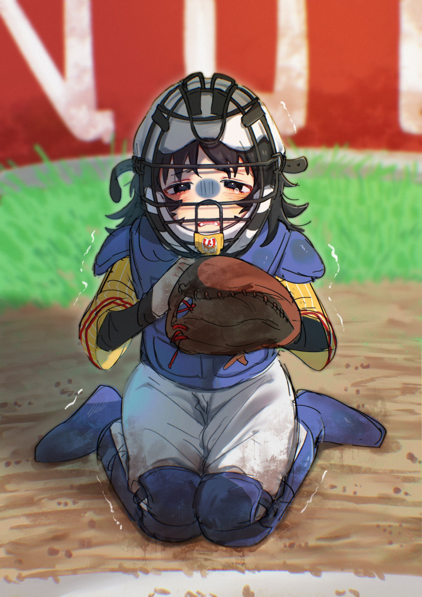 1girl, anya_(mouthwashing), baseball, baseball_helmet, baseball_mitt, black_eyes, boots, catcher's_mask