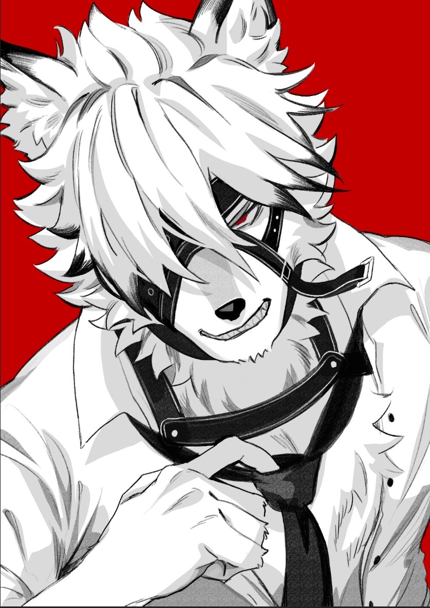 1boy, animal_ears, black_necktie, clenched_teeth, colored_tips, english_commentary, eyepatch, furry