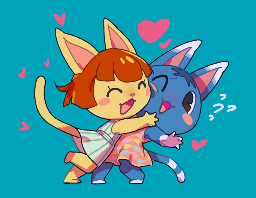 2girls, ^_^, animal_crossing, animal_ears, blue_background, blue_dress, blush_stickers, brown_eyes