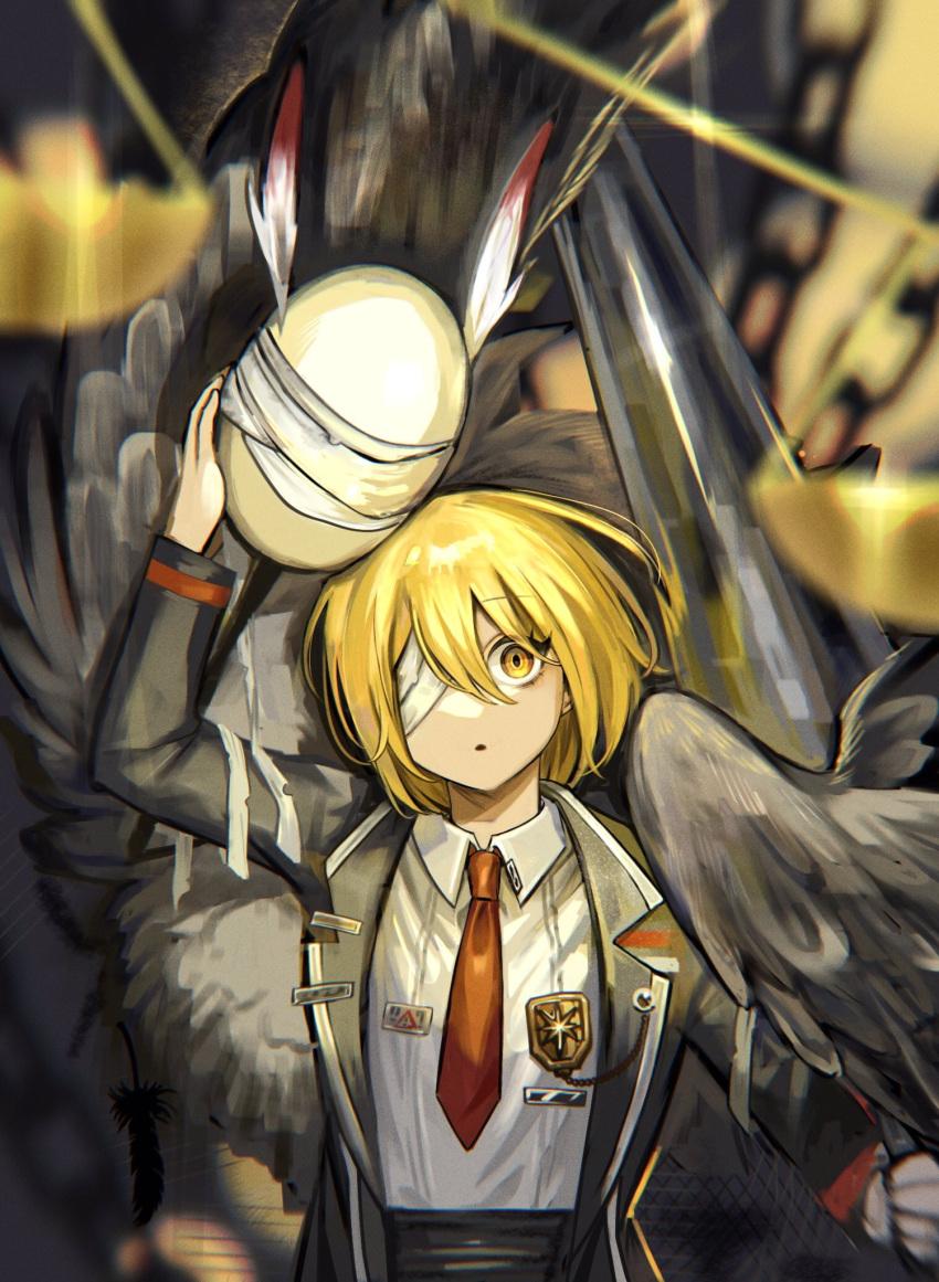 1girl, badge, bandage_over_one_eye, black_coat, blonde_hair, coat, collared_shirt, don_quixote_(project_moon)