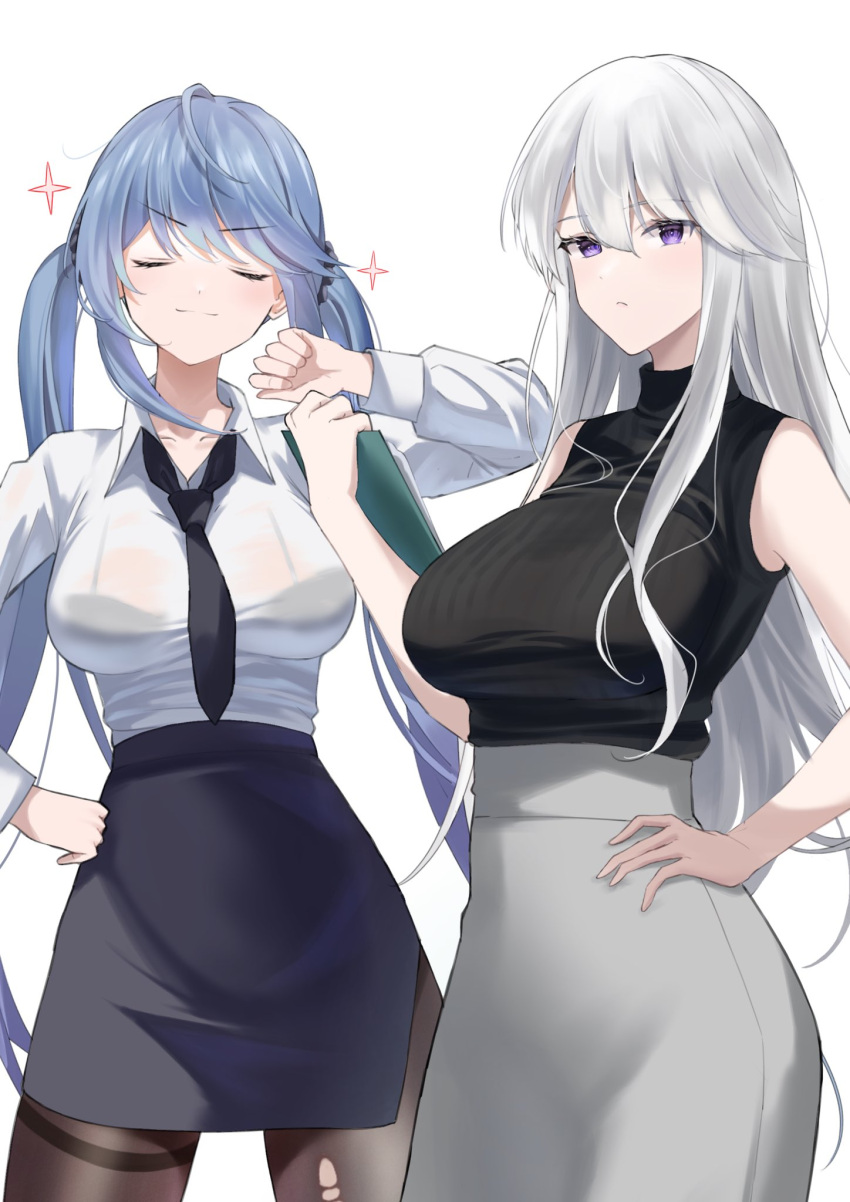 2girls, ahoge, azur_lane, bare_shoulders, blue_hair, closed_eyes, enterprise_(azur_lane), essex_(azur_lane)